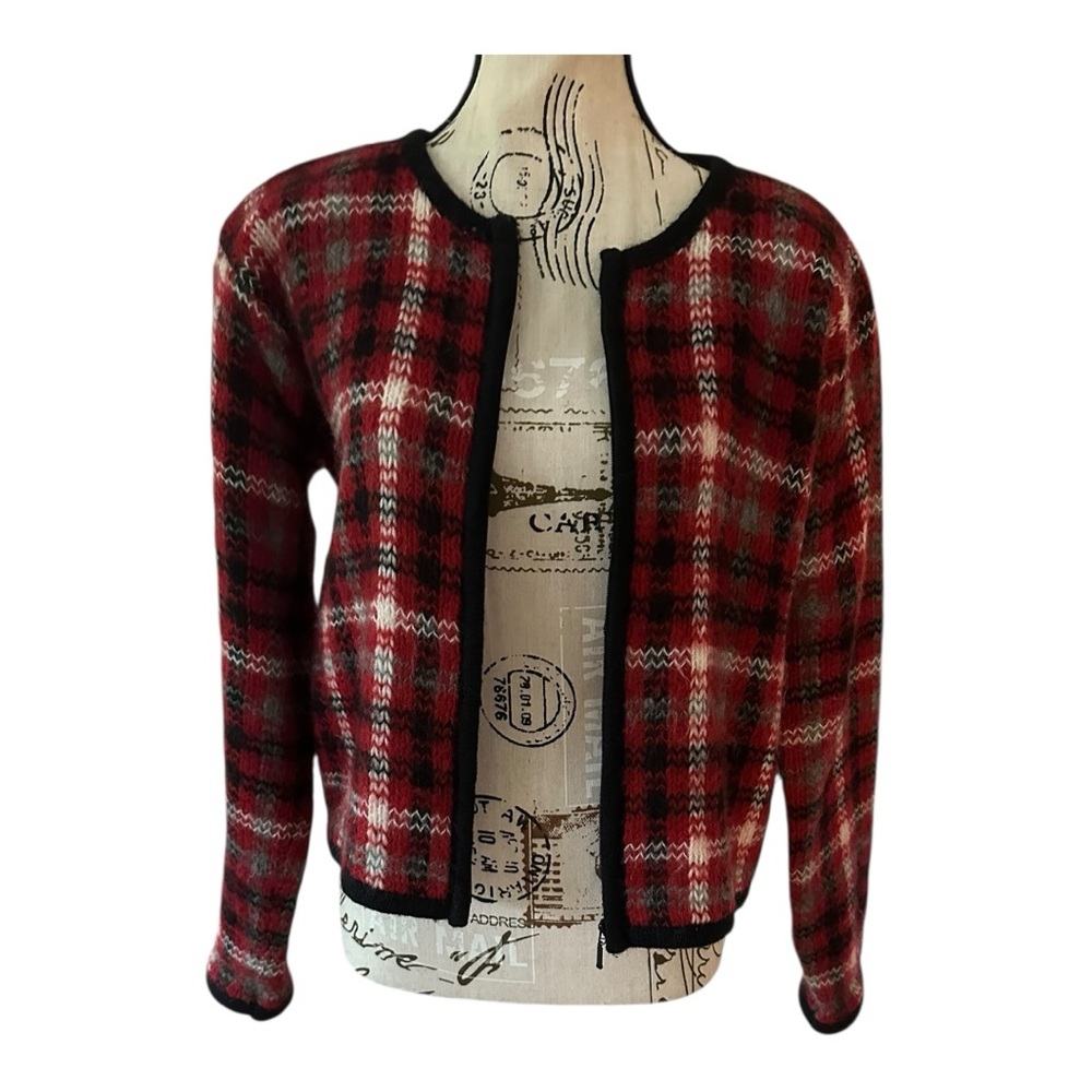 Vintage Paul Harris Design Mohair Blend Plaid Cardigan Fuzzy Sweater S Full Zip